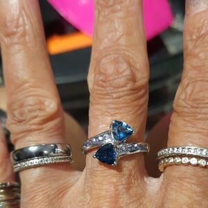 Genuine Solid Sterling Silver Trilliant London Blue Topaz & CZ Ring Rhodium